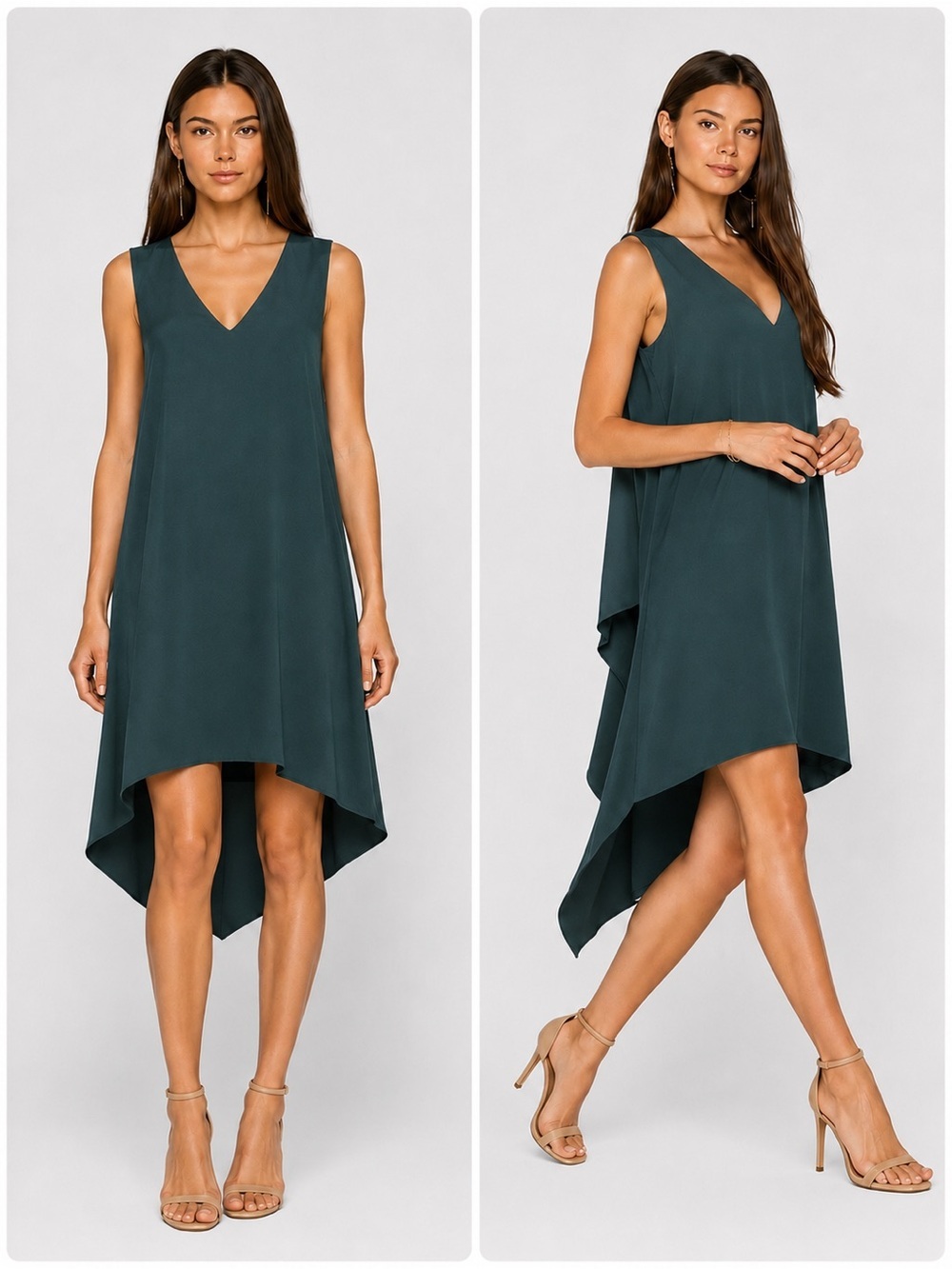BCBGMAXAZRIA Shana Dress Size M | Dark Green Sleeveless Asymmetrical Layered V-N